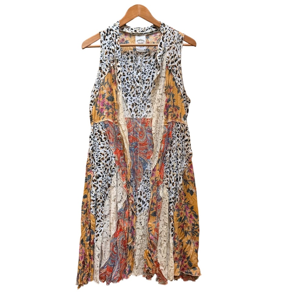 Fleur de Lis Vest Women M Multicolor Patchwork Leopard Floral Lace Boho Layering
